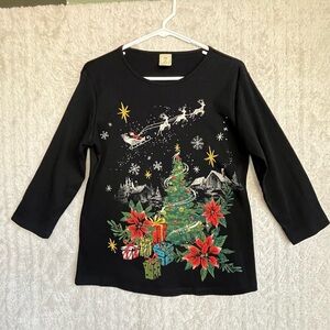 Jess & Jane Deer Santa Christmas Holiday Novelty Print Top Shirt Sz Medium Black